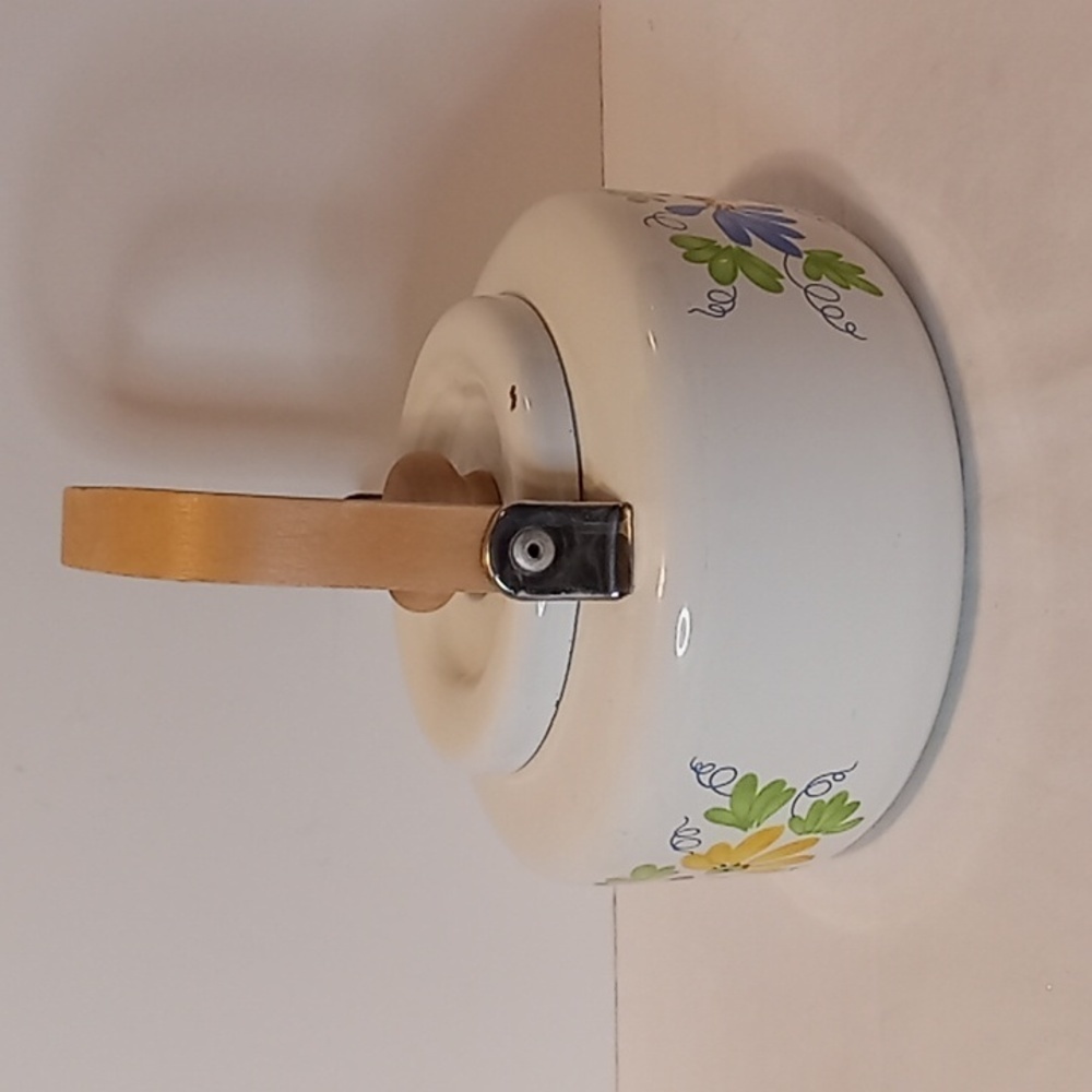 Vintage Floral MCM White Enamel And Wood Teapot/Kettle - Picture 2 of 12
